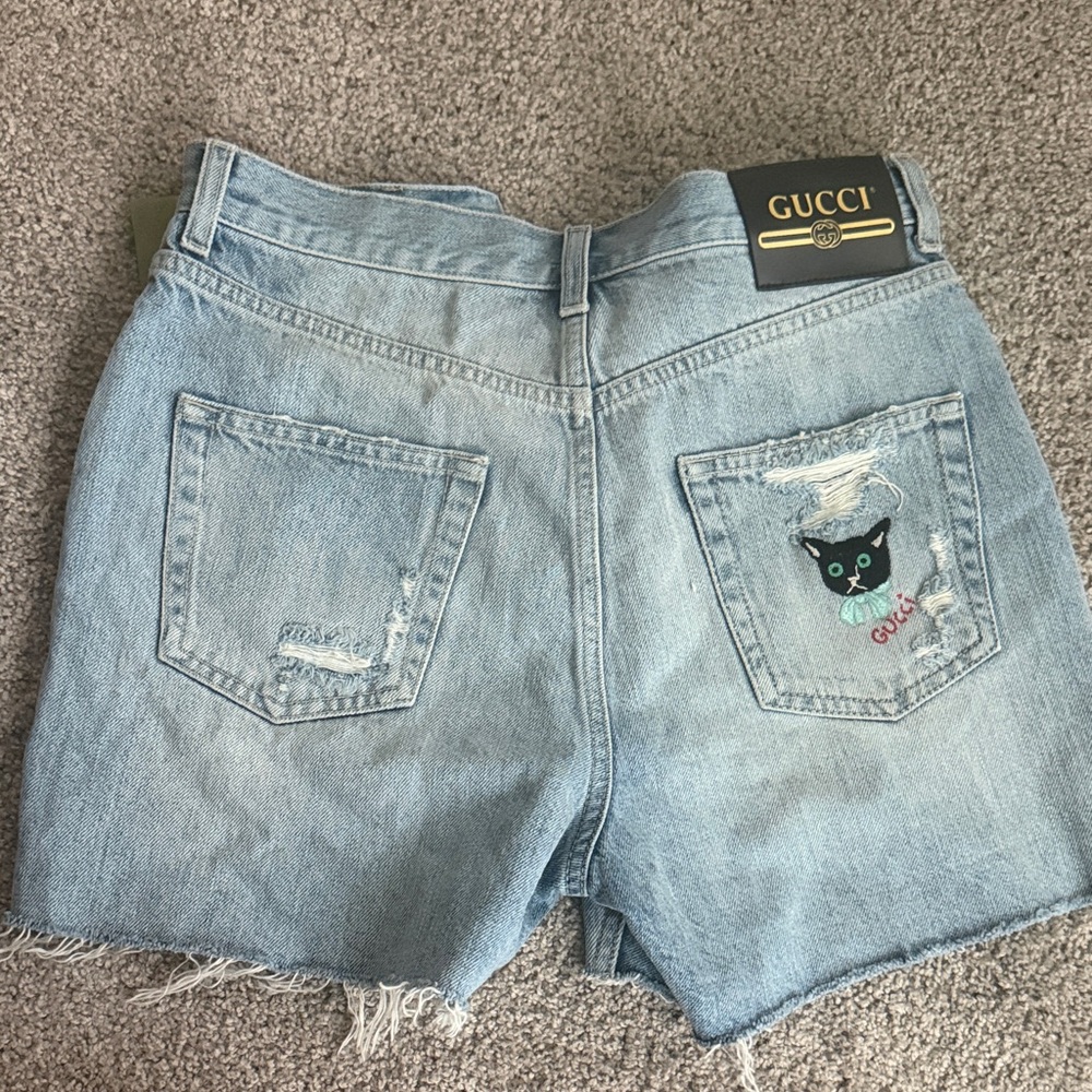 Gucci Light Blue Denim Shorts with Black Cat Embroidered Patch